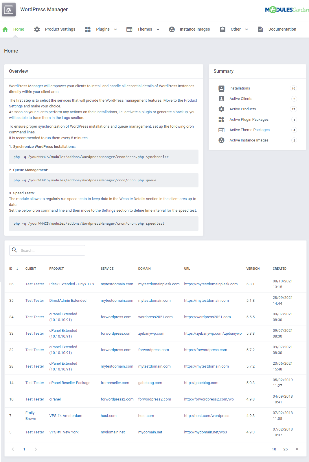 WordPress Manager For WHMCS: module Home page in the WHMCS admin area with summary and a table of WordPress