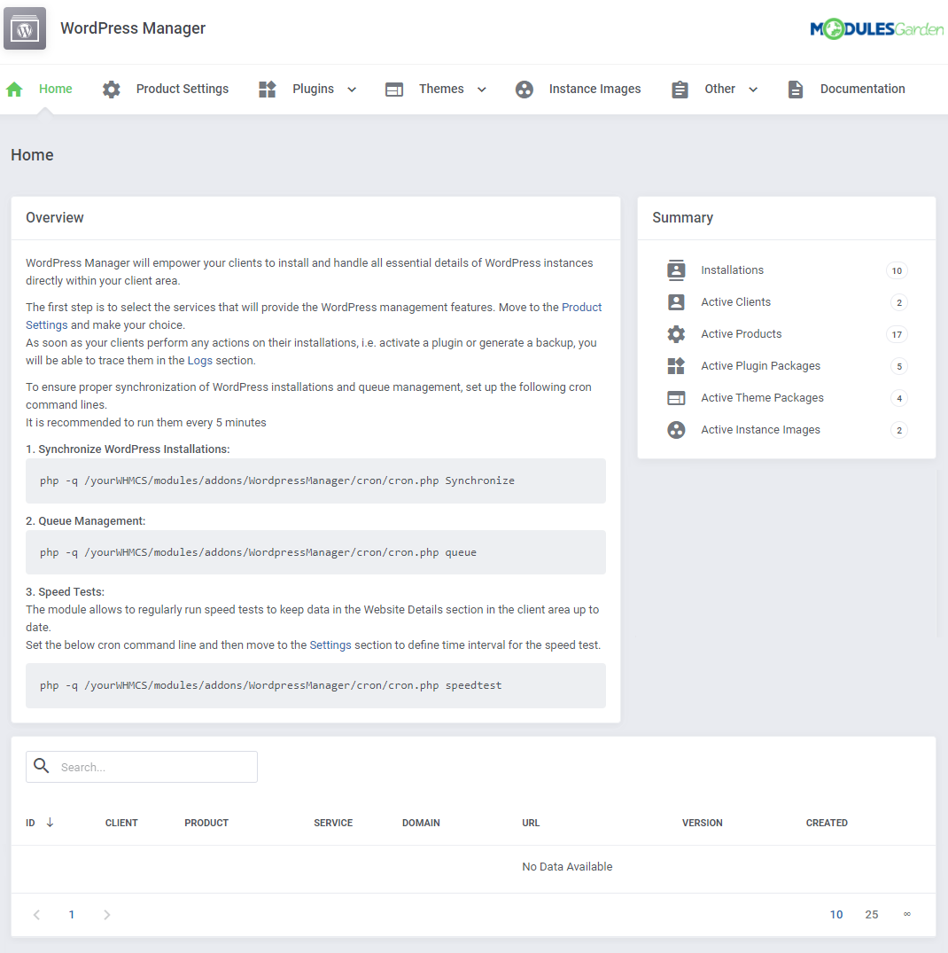 WordPress Manager For WHMCS: module Home page in the WHMCS admin area with overview, cron commands and summary counters
