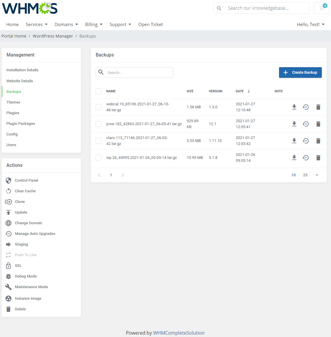 WordPress Manager For WHMCS: client area Backups tab with backup list, download, restore, delete icons and Create Backup