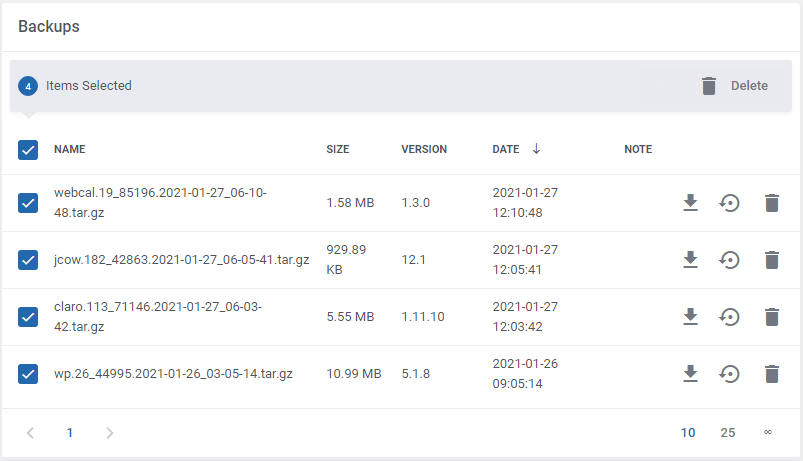 WordPress Manager For WHMCS: Backups list with all four backups selected and the Delete mass action bar visible