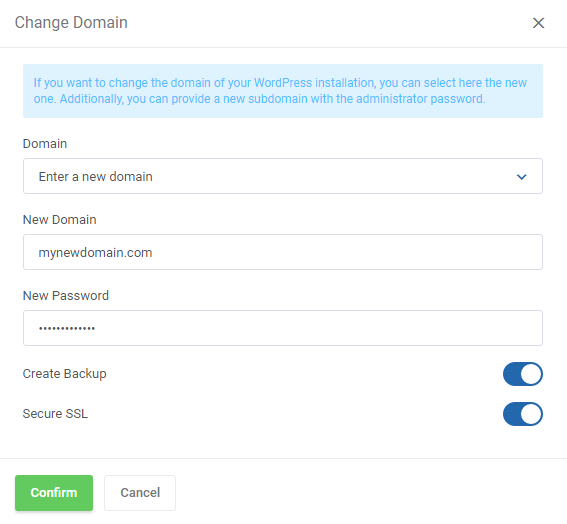 WordPress Manager For WHMCS: Change Domain dialog with new domain, password, Create Backup and Secure SSL options
