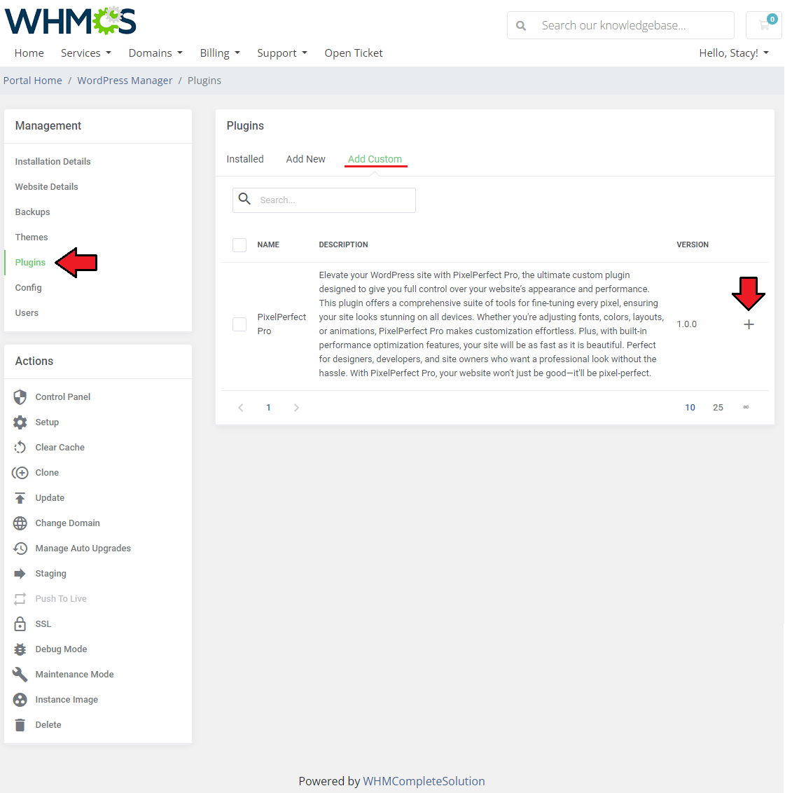 WordPress Manager For WHMCS: client area Plugins page, Add Custom tab, with the plus icon to install a custom plugin