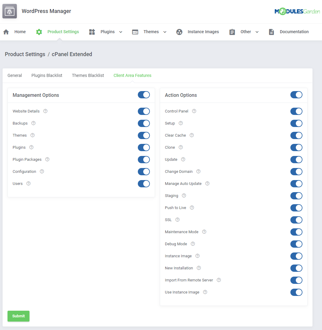 WordPress Manager For WHMCS: Product Settings Client Area Features tab with Management Options and Action Options