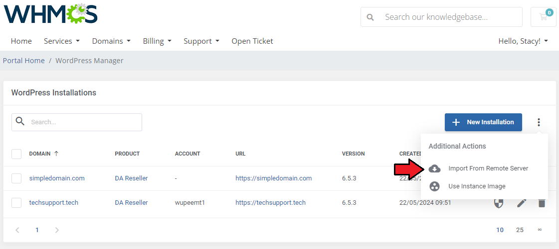 WordPress Manager For WHMCS: client area WordPress Installations page with the Import From Remote Server menu option