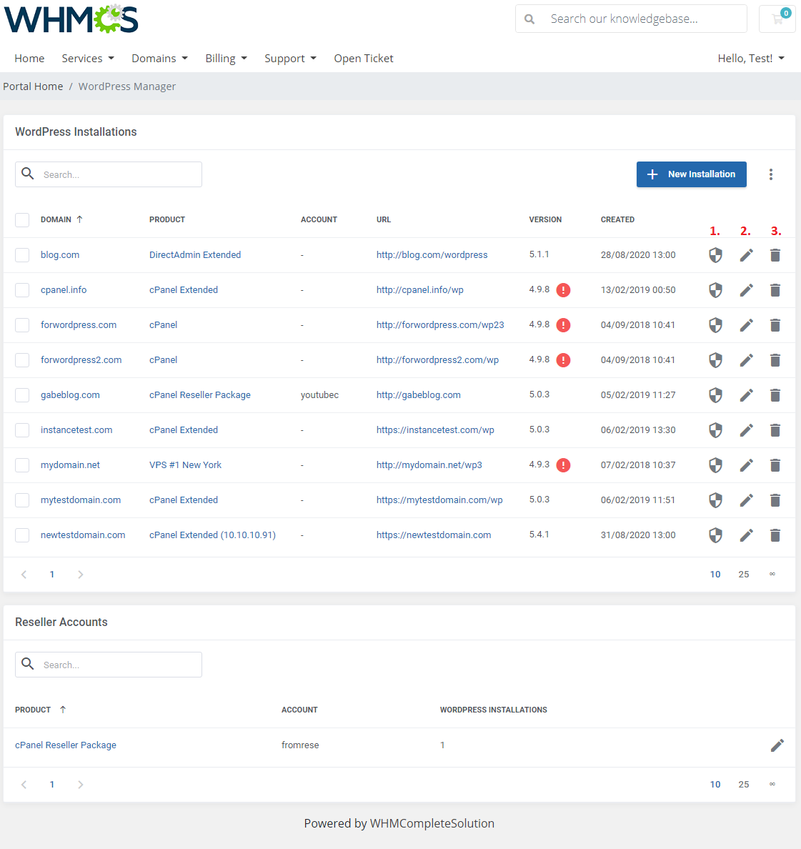 WordPress Manager For WHMCS: WHMCS client area WordPress Installations table with numbered action icons and Reseller