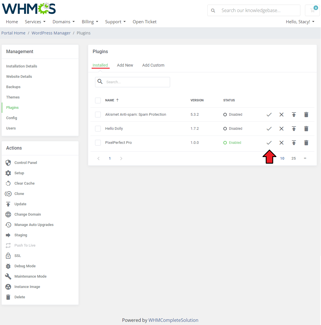 WordPress Manager For WHMCS: client area Plugins page, Installed tab, with the custom plugin listed as Enabled