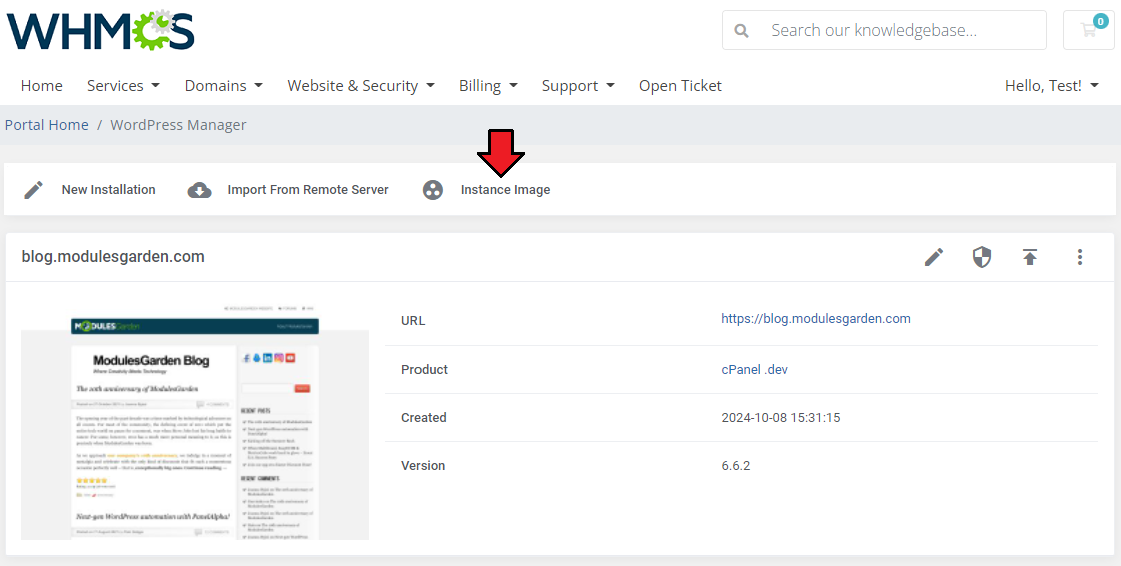 WordPress Manager For WHMCS: client area page with the Instance Image button marked next to New Installation