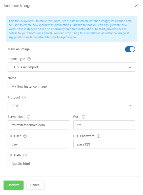 WordPress Manager For WHMCS: Instance Image dialog with Mark As Image toggle and FTP import fields in the client area
