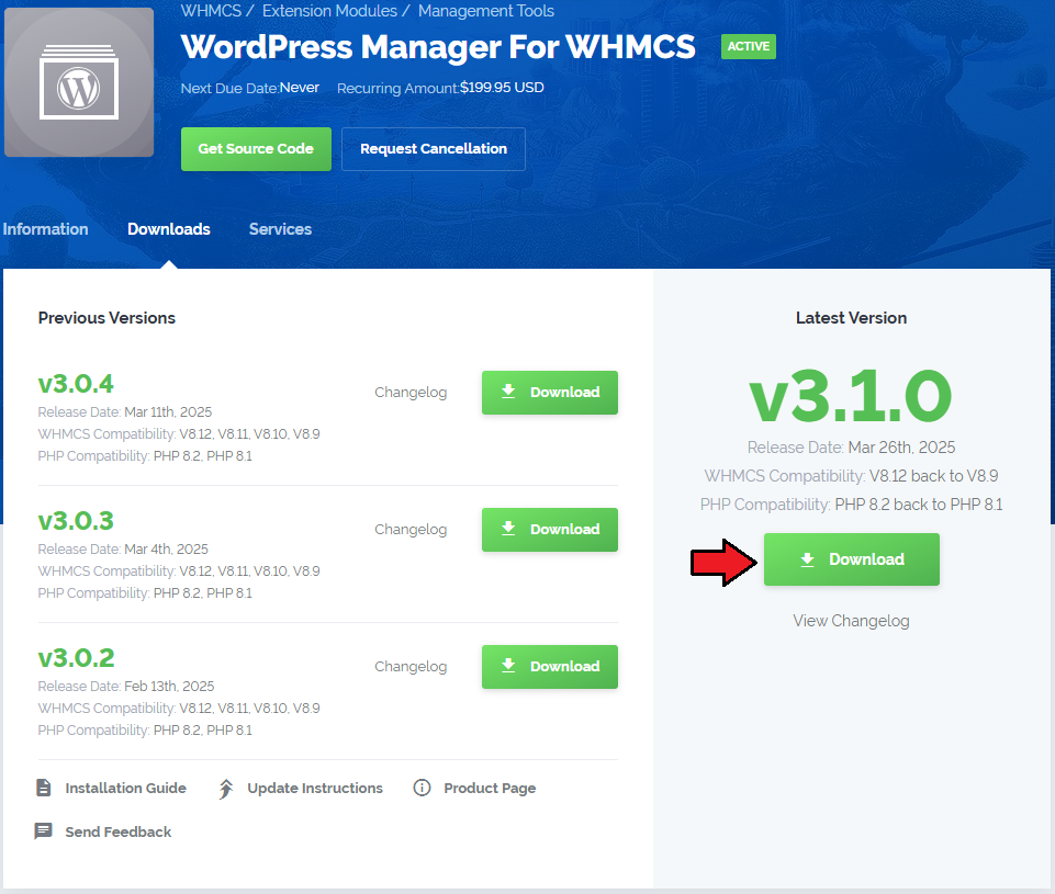 WordPress Manager For WHMCS: WHMCS client area product page with the Downloads tab and the latest version Download