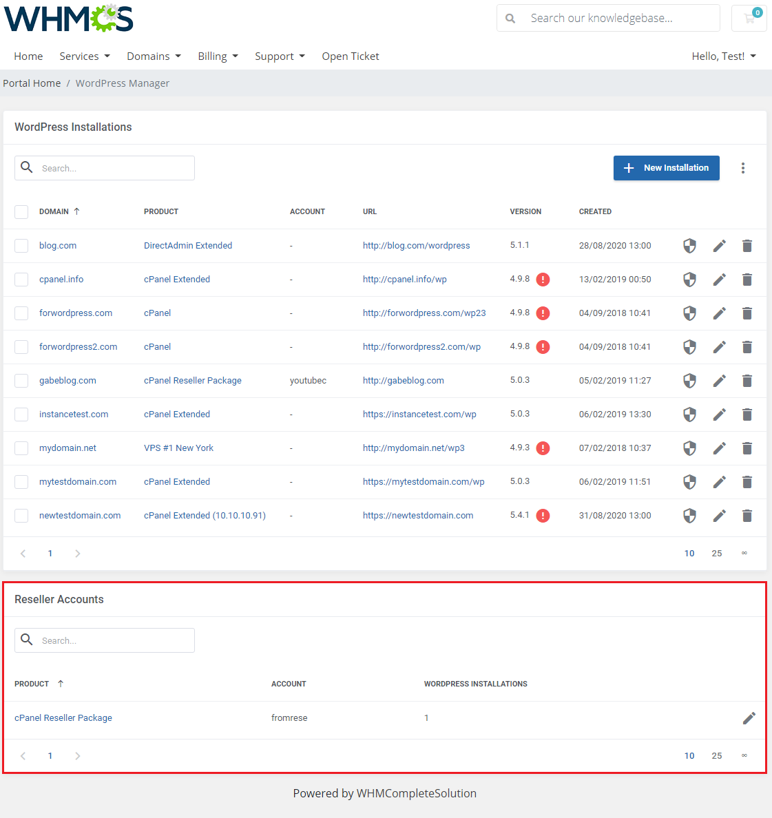 WordPress Manager For WHMCS: client area WordPress Installations list with the Reseller Accounts table below it