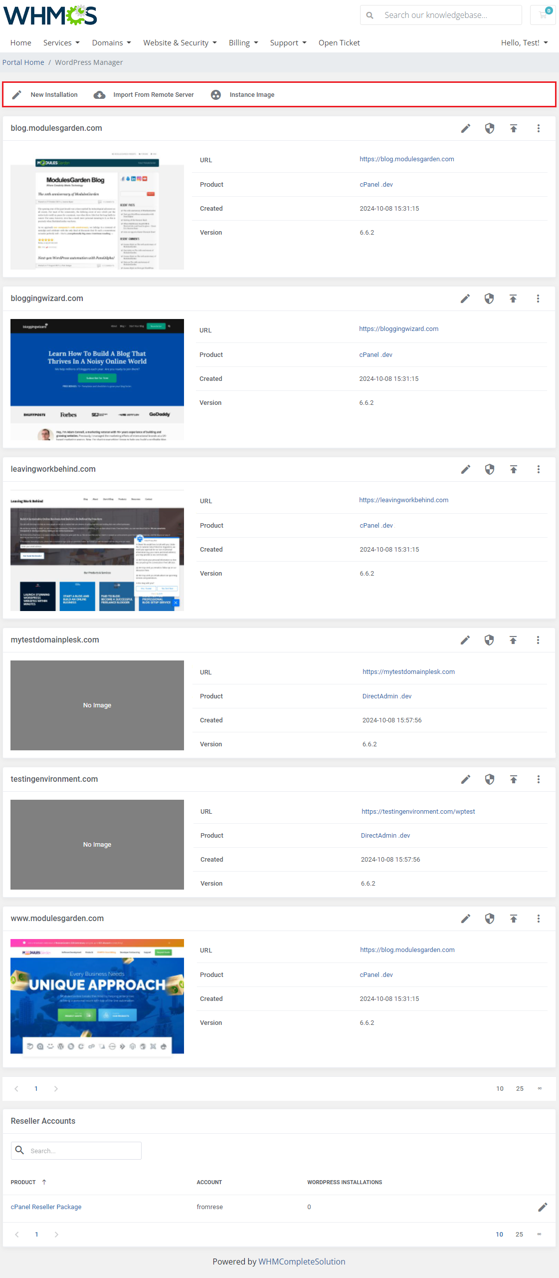 WordPress Manager For WHMCS: client area top bar with New Installation, Import From Remote Server and Instance Image