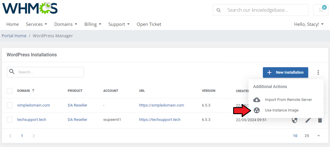 WordPress Manager For WHMCS: client area WordPress Installations page with the Use Instance Image menu option marked