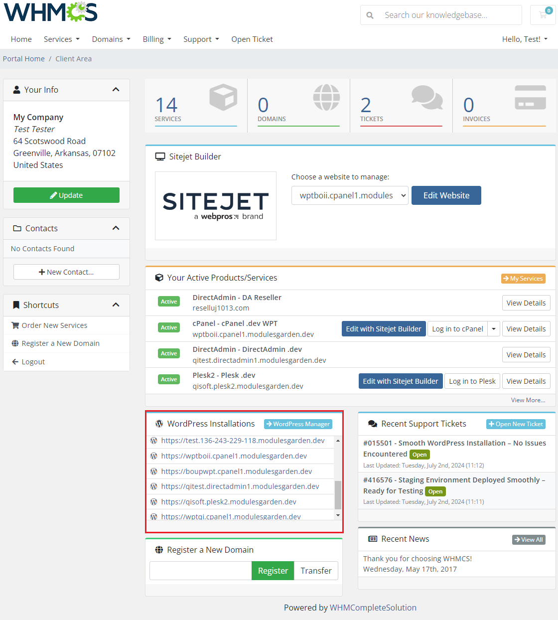 WordPress Manager For WHMCS: client area home with the WordPress Installations dashboard widget listing site URLs