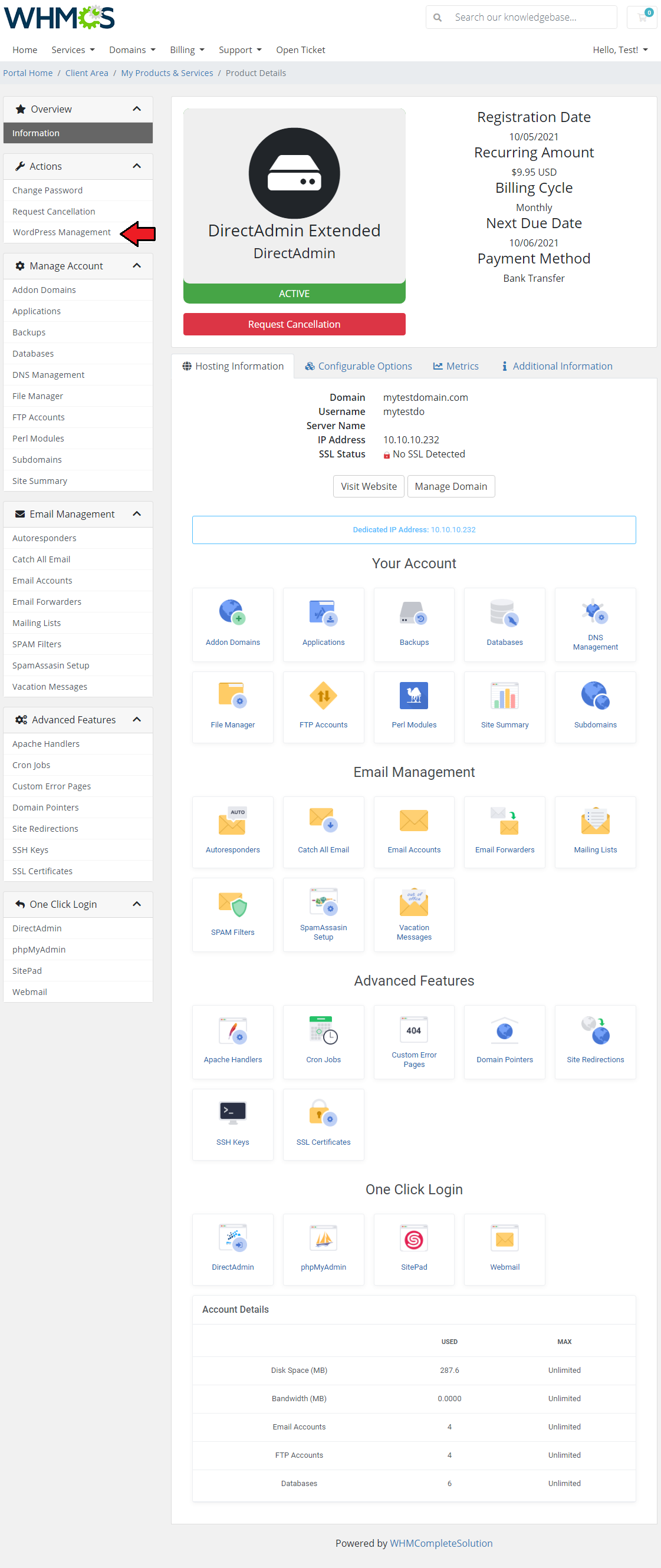 WordPress Manager For WHMCS: WHMCS client area product details with the WordPress Management link in the Actions menu