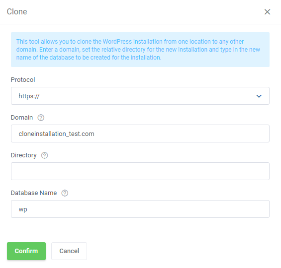 WordPress Manager For WHMCS: Clone dialog with protocol, domain, directory and database name fields