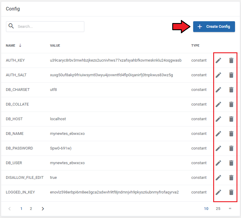 WordPress Manager For WHMCS: client area Config tab listing wp-config records with edit, delete icons and Create Config