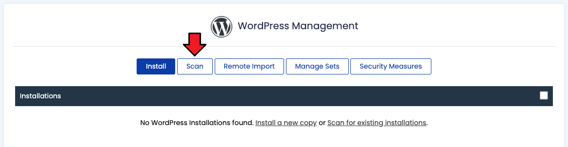 WordPress Manager For WHMCS: Softaculous WordPress Management page in cPanel with the Scan button marked