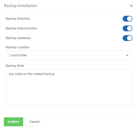 WordPress Manager For WHMCS: Backup Installation dialog with directory, data and database toggles, location and note