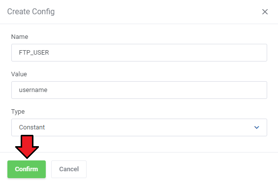 WordPress Manager For WHMCS: Create Config dialog with name, value and Constant type fields and the Confirm button