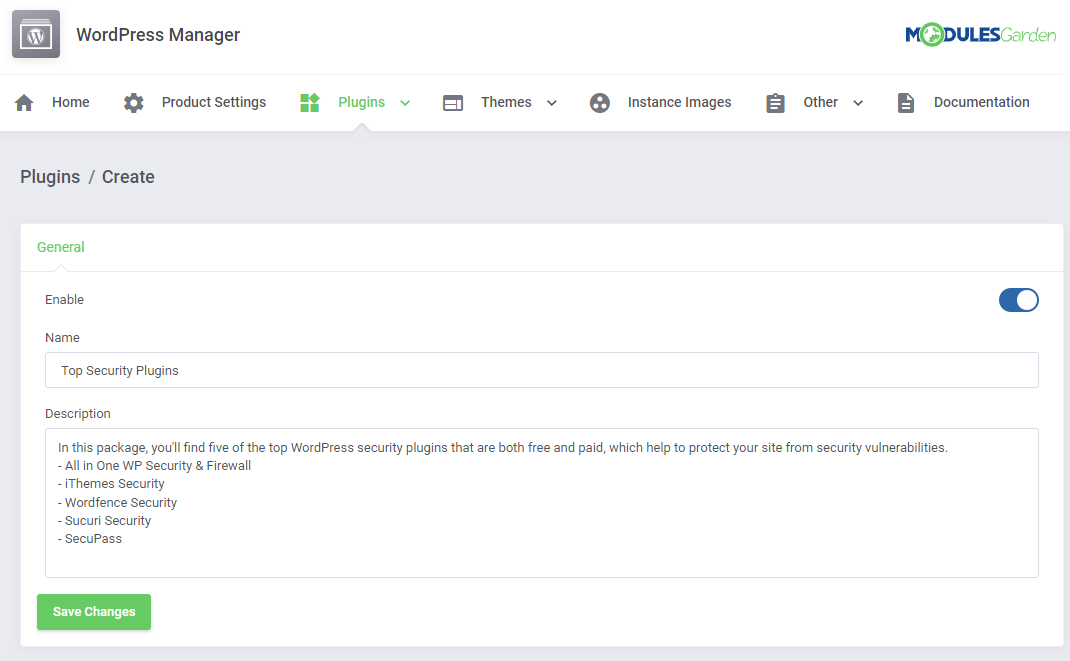 WordPress Manager For WHMCS: Create plugin package form with Enable switch, Name, Description and Save Changes button