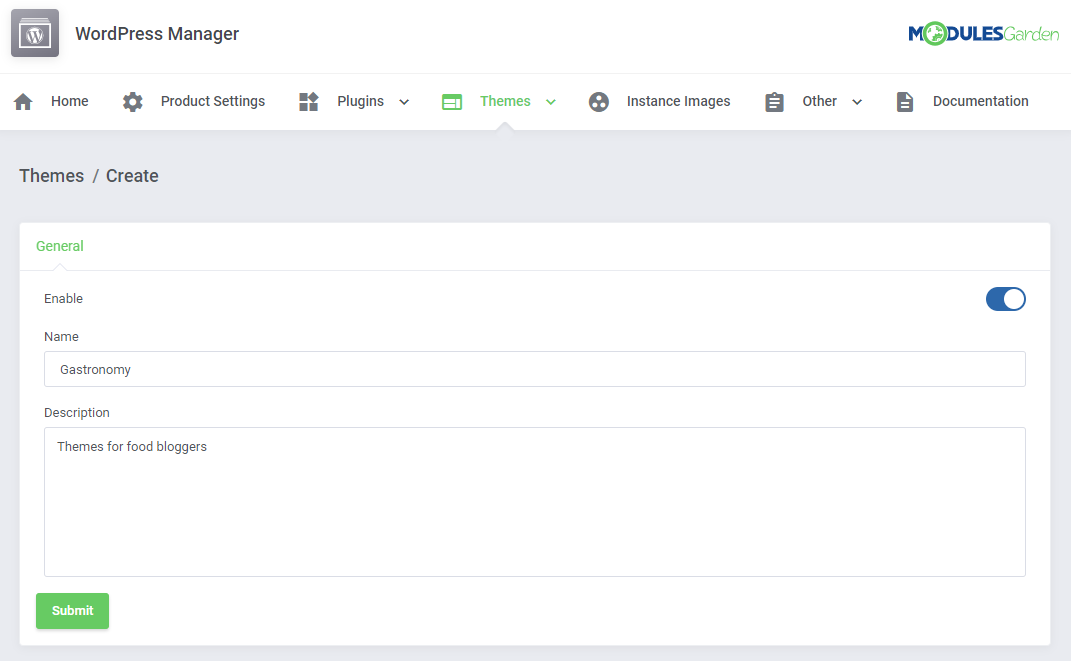 WordPress Manager For WHMCS: Create theme package form with Enable switch, Name, Description and Submit button