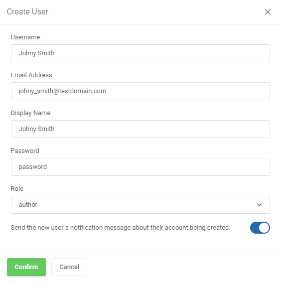 WordPress Manager For WHMCS: Create User dialog with username, email, display name, password, role and notification