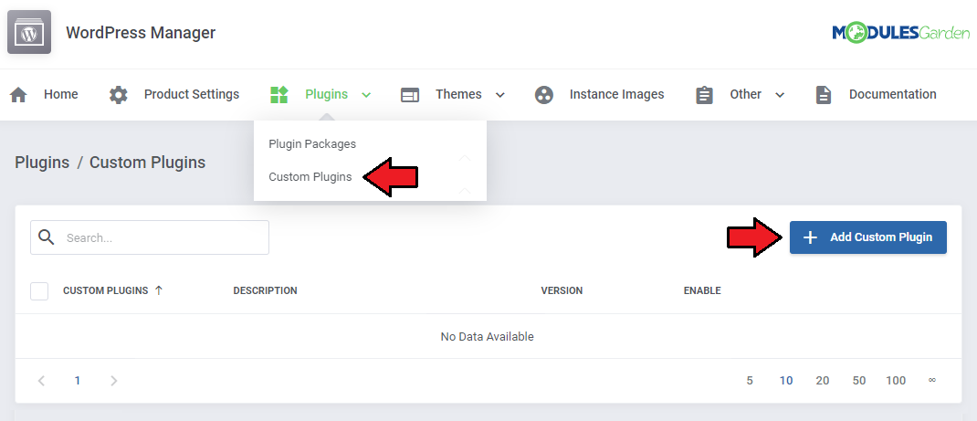 WordPress Manager For WHMCS: Plugins menu with Custom Plugins marked and the Add Custom Plugin button