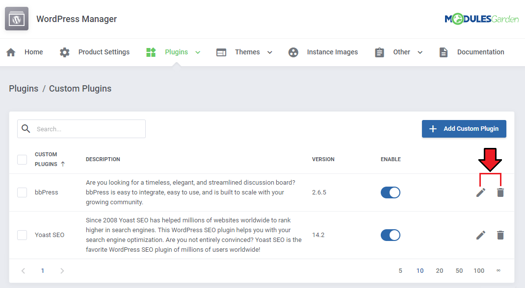 WordPress Manager For WHMCS: Custom Plugins list with bbPress and Yoast SEO and the edit and delete icons marked