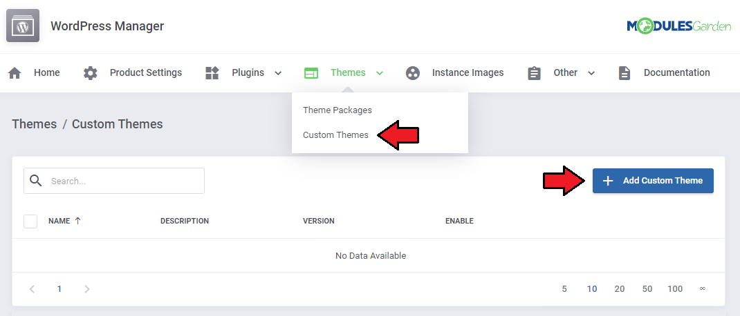 WordPress Manager For WHMCS: Custom Themes list in the admin area with the Add Custom Theme button