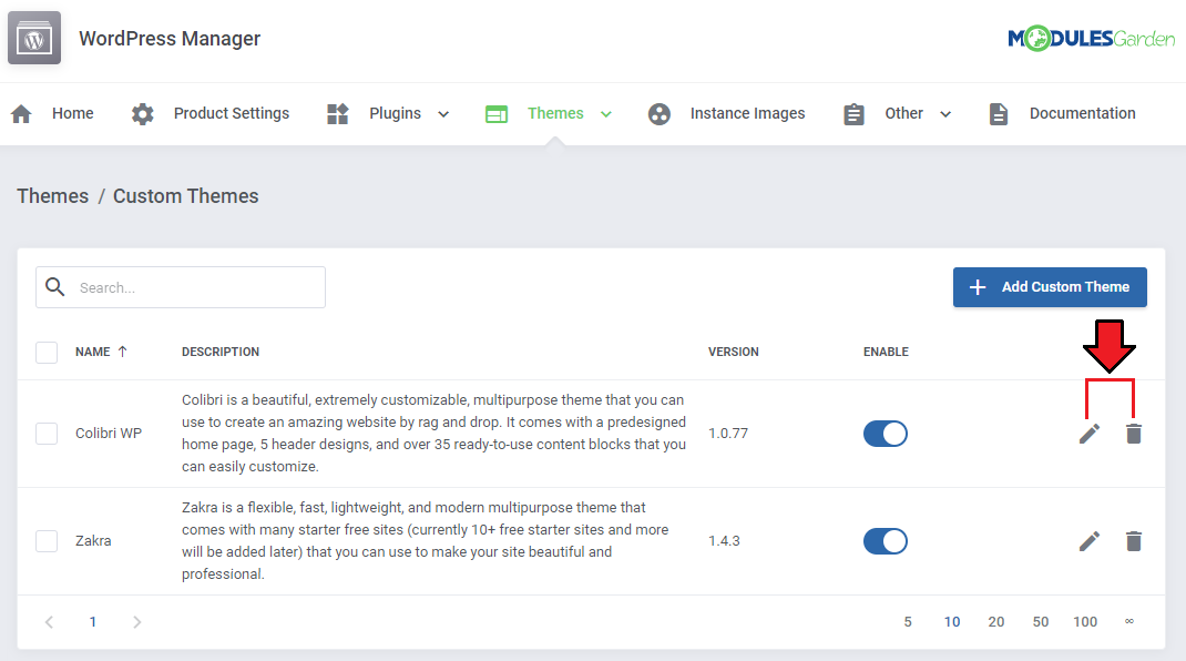 WordPress Manager For WHMCS: Custom Themes list with edit and delete icons highlighted for each theme
