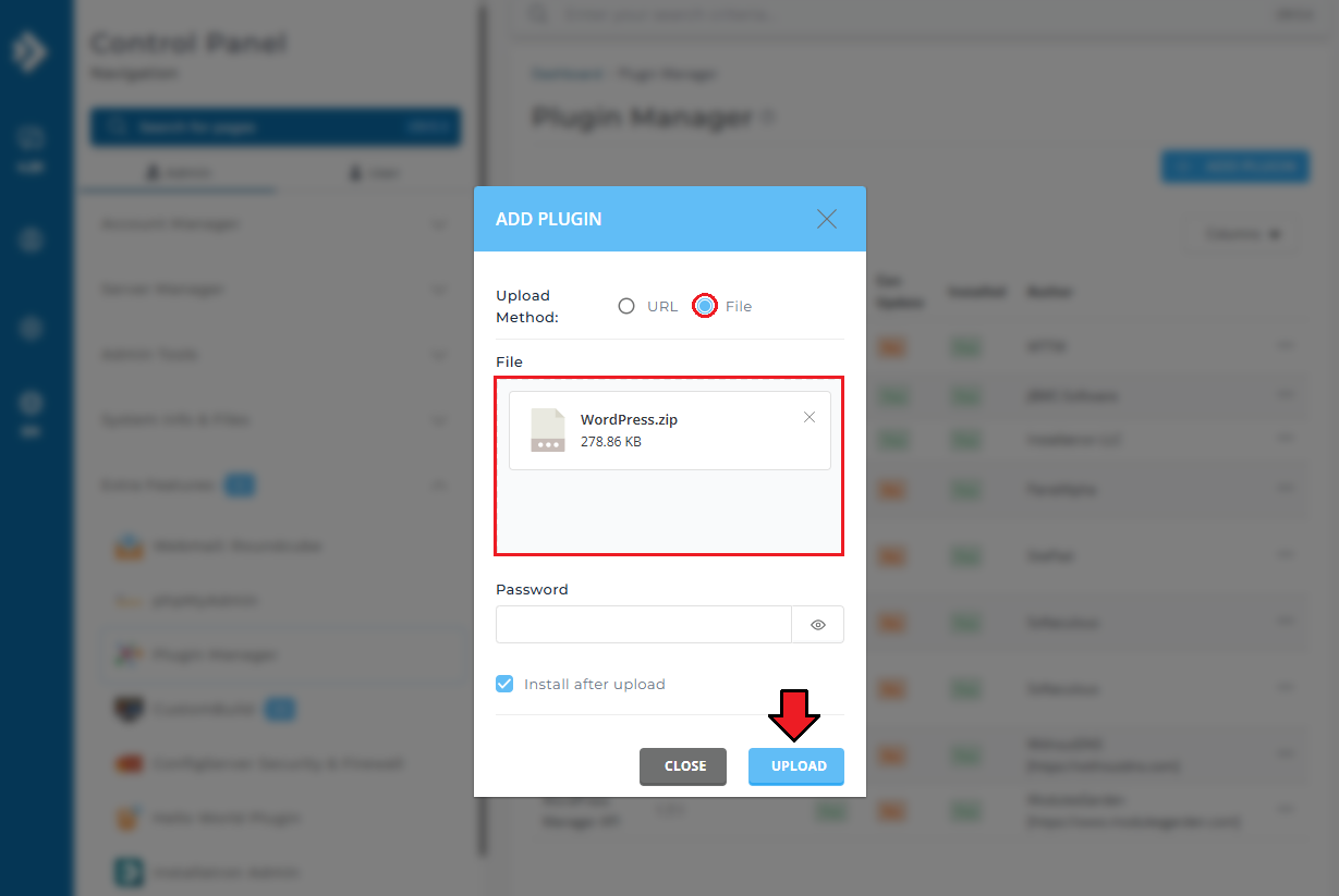 WordPress Manager For WHMCS: DirectAdmin Add Plugin dialog with the File method, the package selected and Upload button