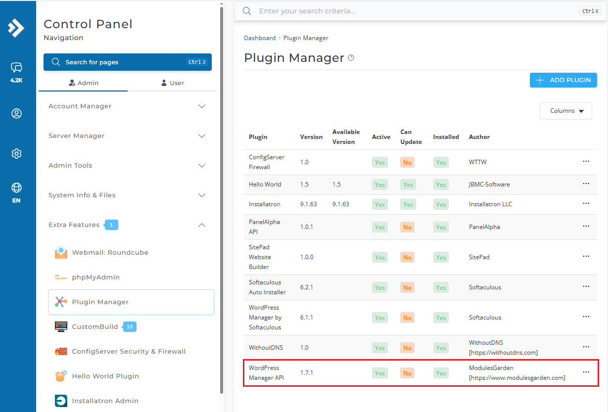 WordPress Manager For WHMCS: DirectAdmin Plugin Manager list with the WordPress Manager API plugin marked as installed