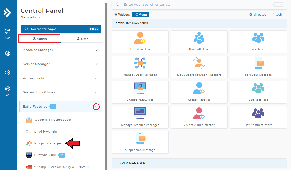 WordPress Manager For WHMCS: DirectAdmin admin panel with the Admin tab and the Plugin Manager entry in Extra Features