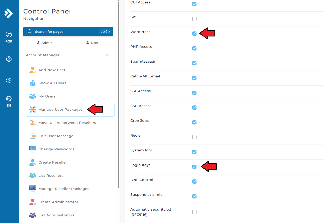 WordPress Manager For WHMCS: DirectAdmin Manage User Packages page with the WordPress and Login Keys options enabled