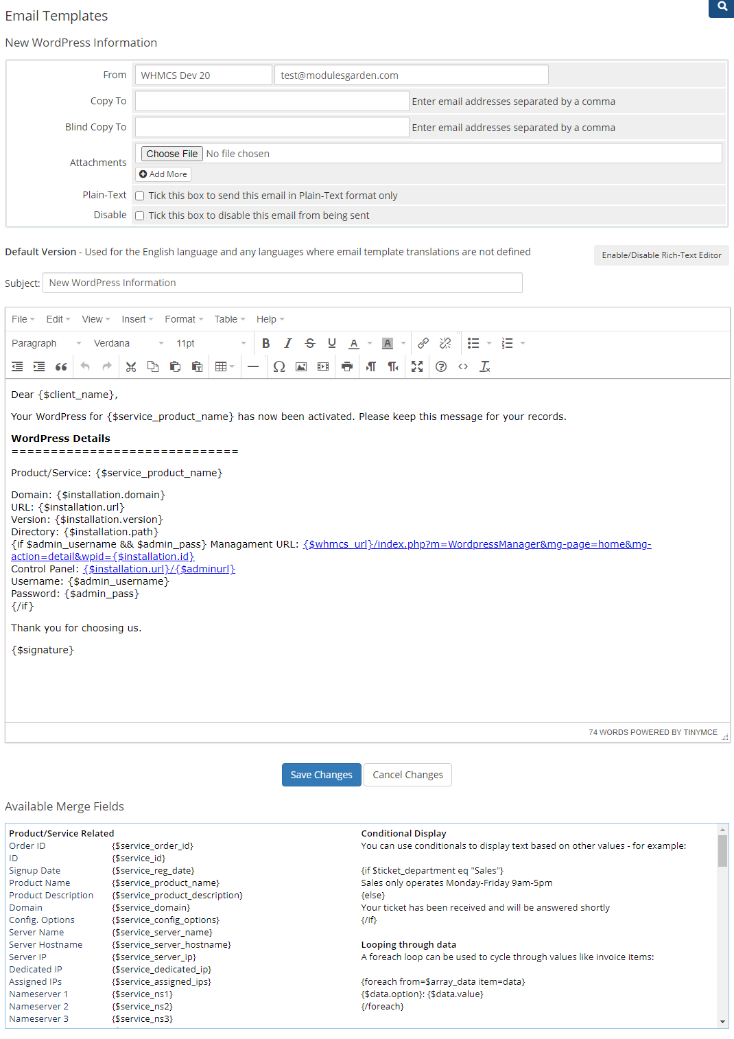 WordPress Manager For WHMCS: New WordPress Information email template in WHMCS with merge fields and the management URL