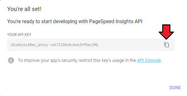 WordPress Manager For WHMCS: Google dialog with the generated PageSpeed Insights API key and a copy icon