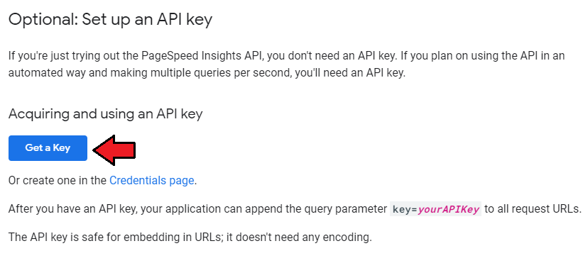 WordPress Manager For WHMCS: Google PageSpeed Insights documentation page with the Get a Key button highlighted