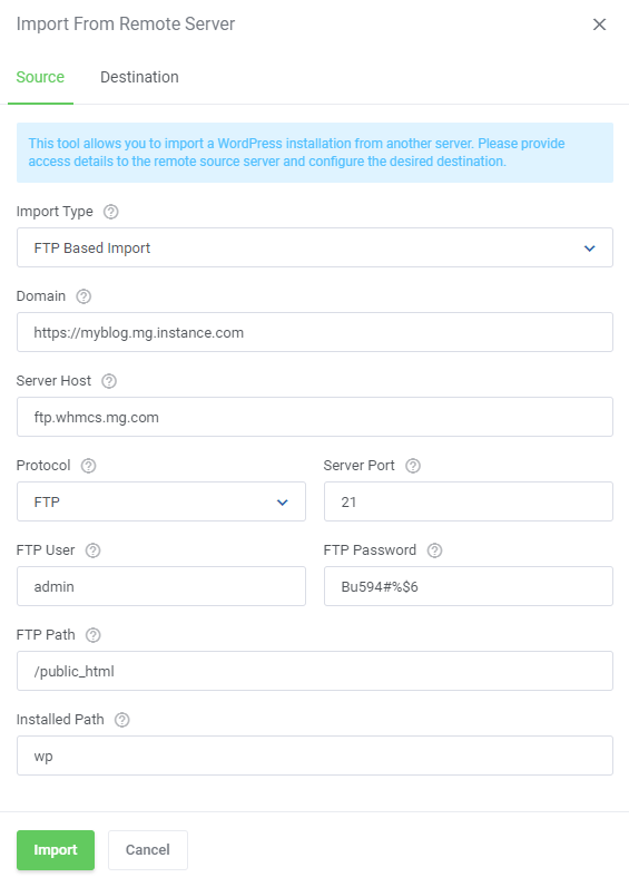 WordPress Manager For WHMCS: Import From Remote Server dialog on the Source tab with FTP host, port, user, password and