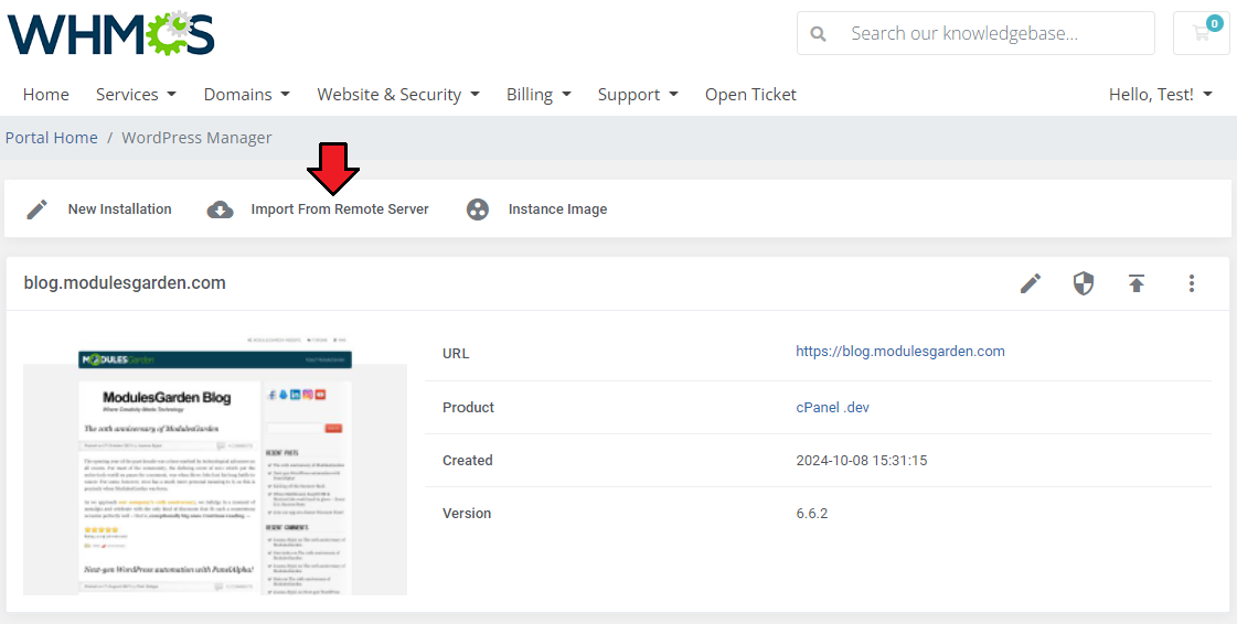 WordPress Manager For WHMCS: client area WordPress Manager with the Import From Remote Server button marked