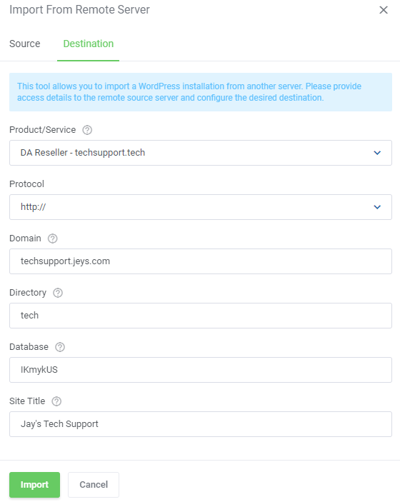 WordPress Manager For WHMCS: Import From Remote Server dialog, Destination tab, with product, domain and database