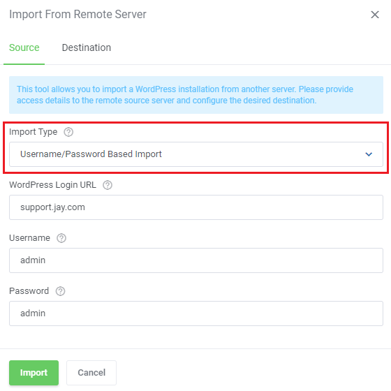 WordPress Manager For WHMCS: Import From Remote Server dialog, Source tab, with Username/Password Based Import selected