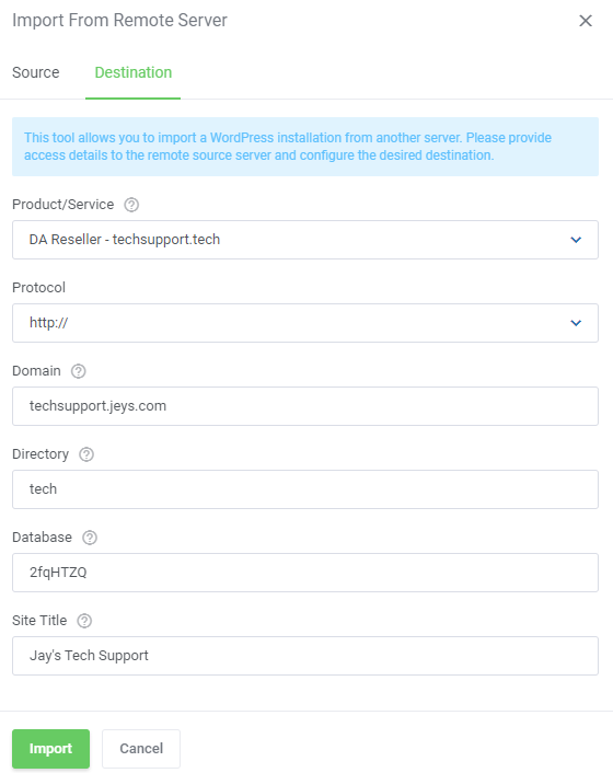 WordPress Manager For WHMCS: Import From Remote Server dialog, Destination tab, with product, domain and site title