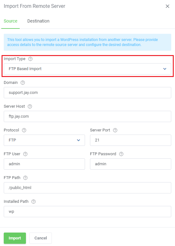 WordPress Manager For WHMCS: Import From Remote Server dialog, Source tab, with FTP Based Import and connection details