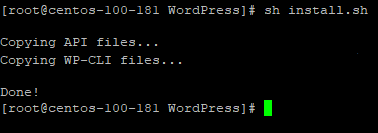 WordPress Manager For WHMCS: terminal output after running sh install.sh in the uploadToWHM directory, ending with Done