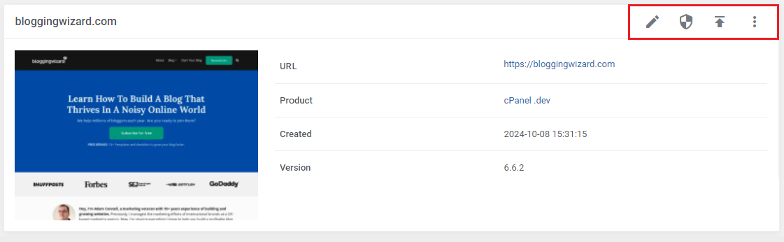 WordPress Manager For WHMCS: client area installation card with edit, security, update and more action icons highlighted
