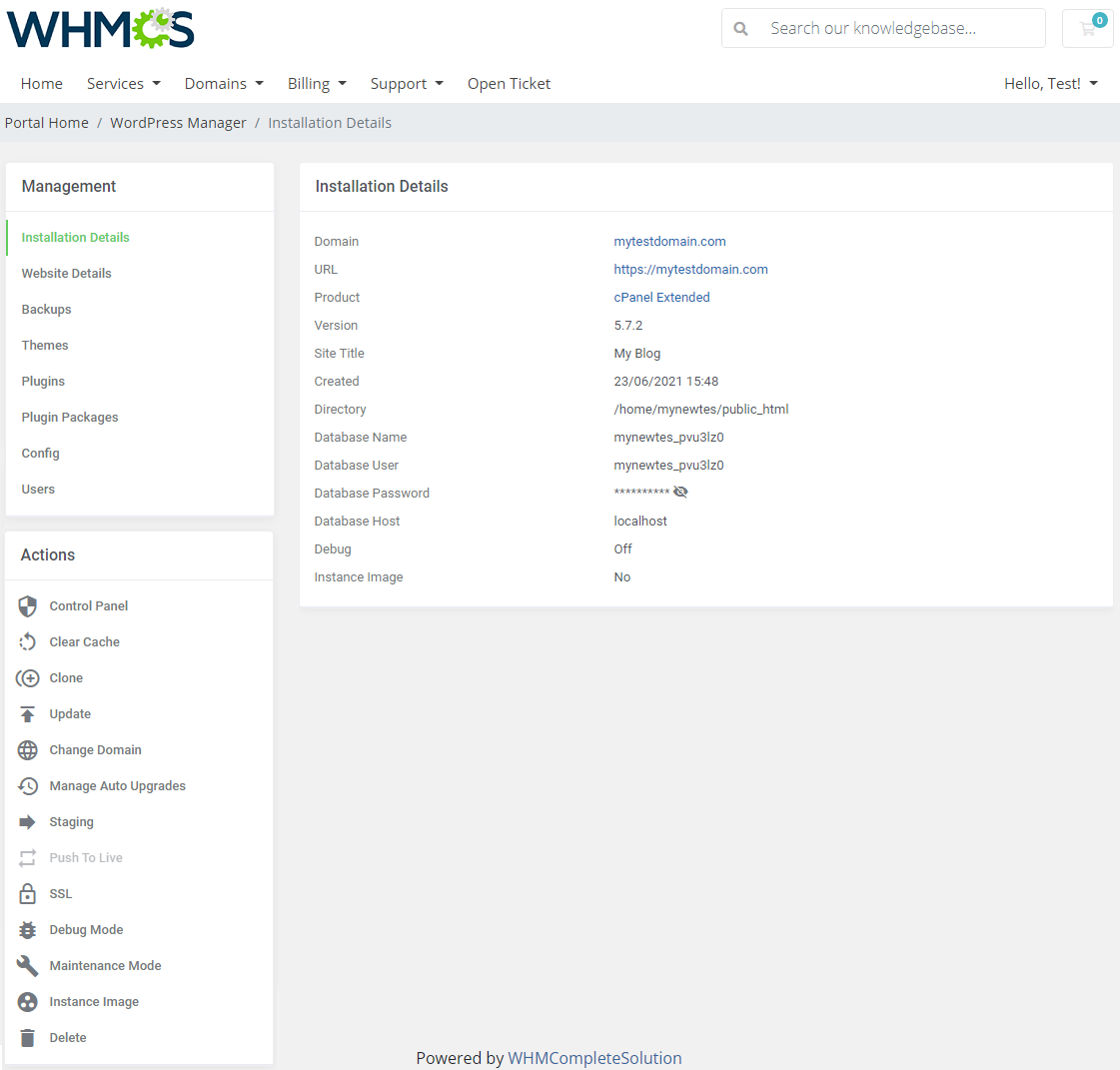 WordPress Manager For WHMCS: client area Installation Details page of a WordPress installation with the Actions menu
