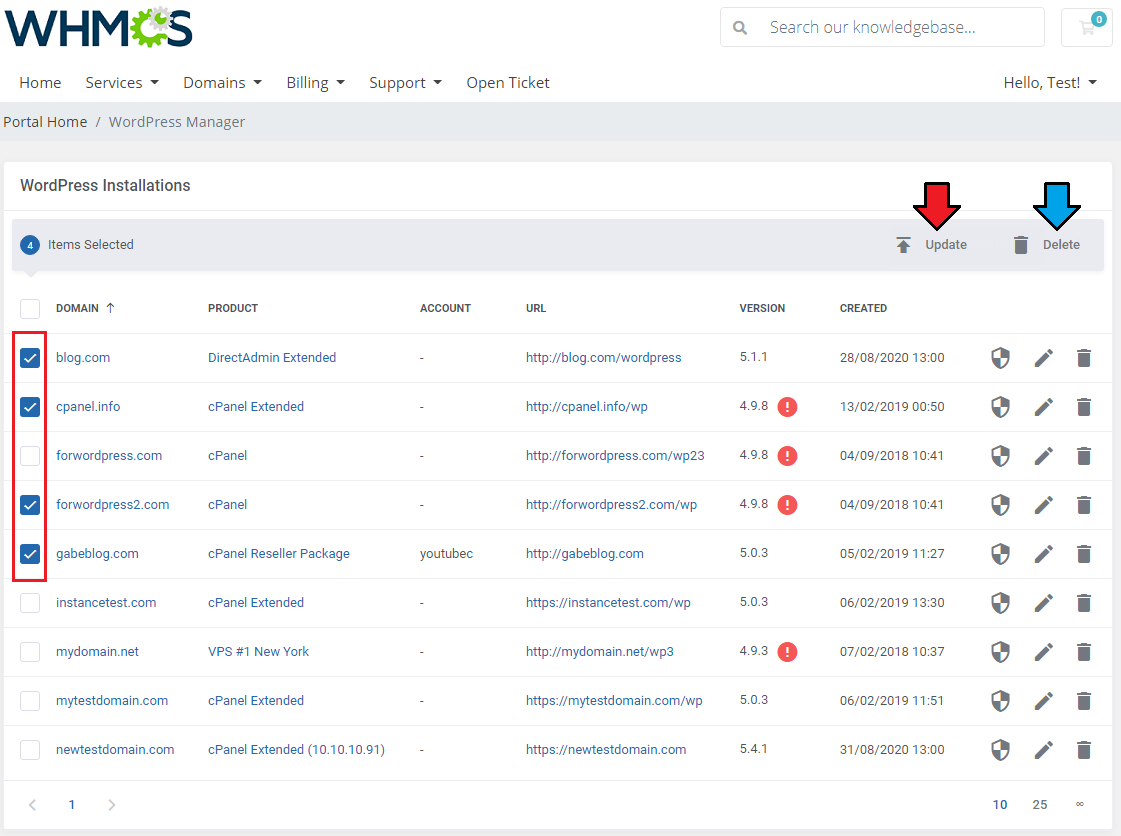 WordPress Manager For WHMCS: WHMCS client area installations table with four rows selected and Update and Delete mass