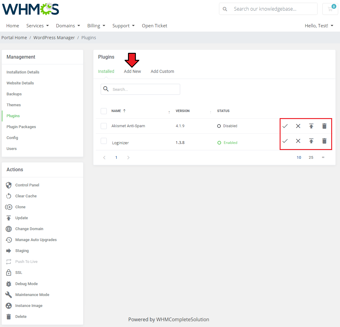 WordPress Manager For WHMCS: client area Plugins tab, Installed list with the Add New tab and the row action icons