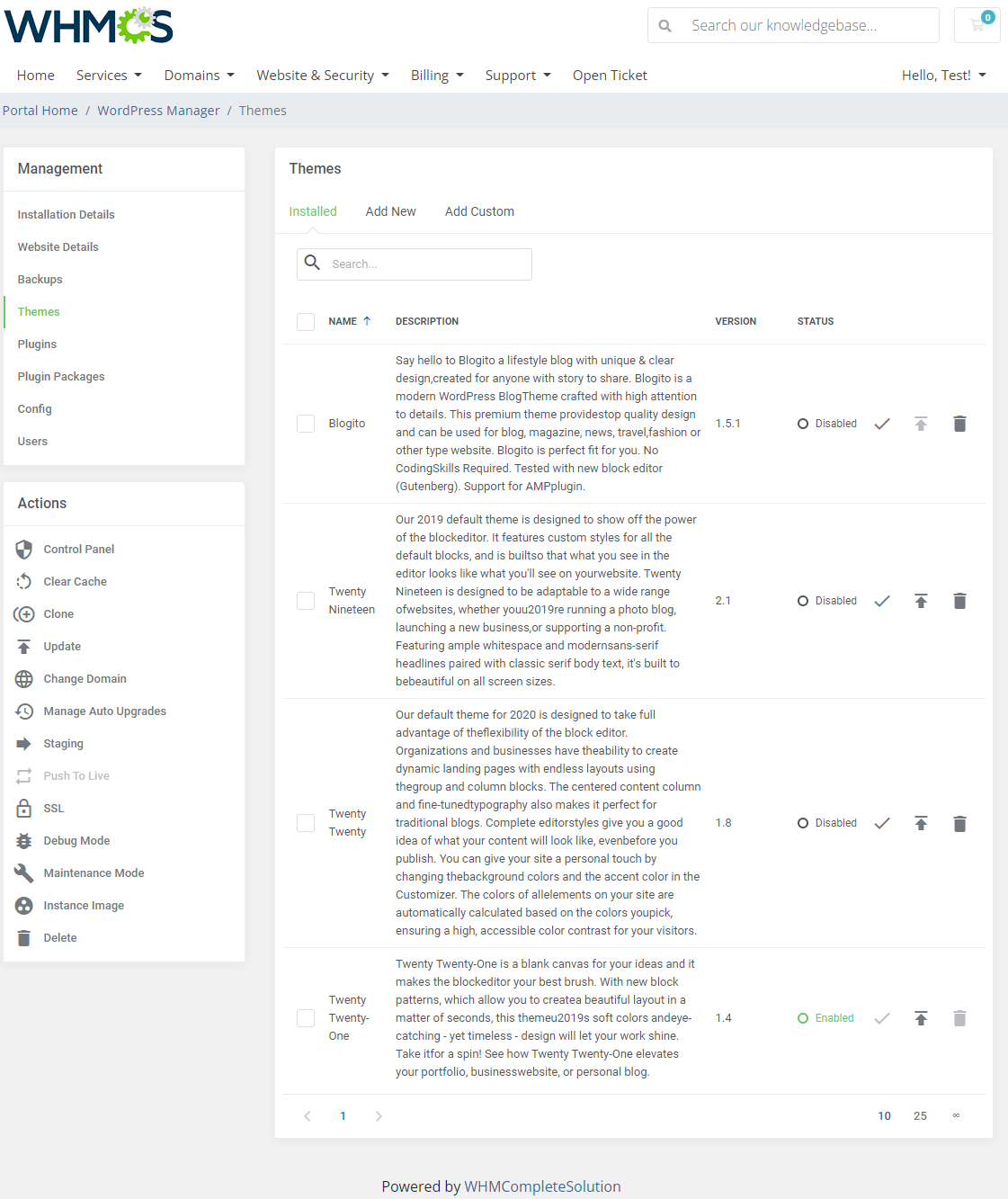 WordPress Manager For WHMCS: client area Themes tab with the Installed list showing enable, update and delete icons