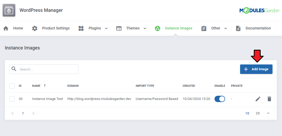 WordPress Manager For WHMCS: Instance Images list in the admin area with the Add Image button highlighted